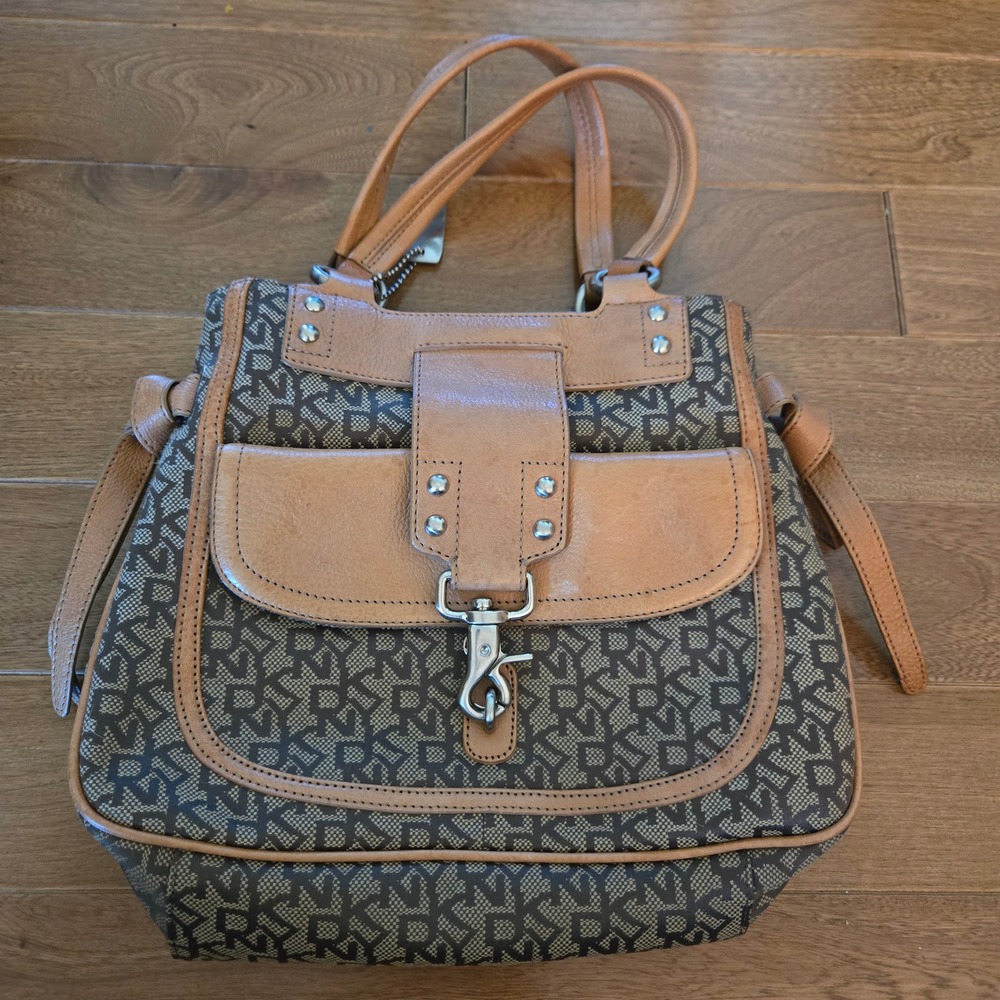 DKNY Monogram Jacquard Satchel Handbag Brown Leather Trim Studded Logo Bag Y2K